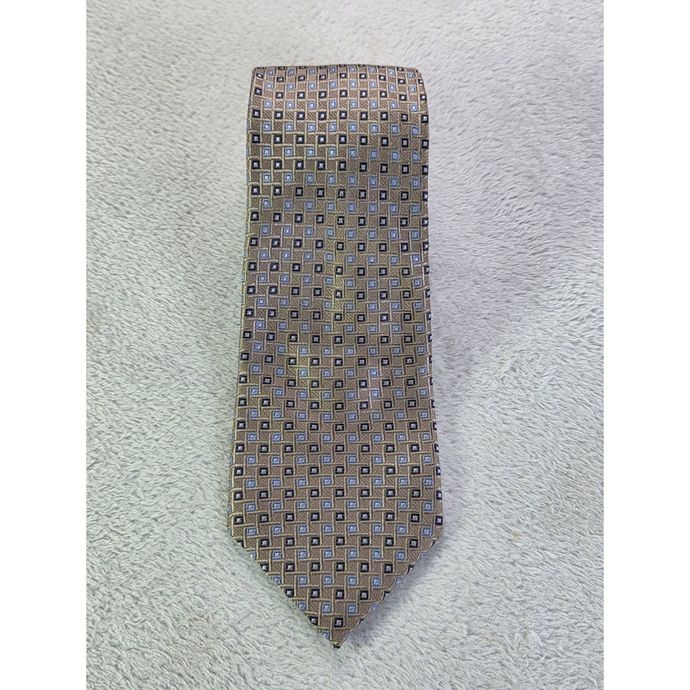 Nautica Silk Tie Tan Blue Geometric Square Pattern Classic Business Mens Necktie
